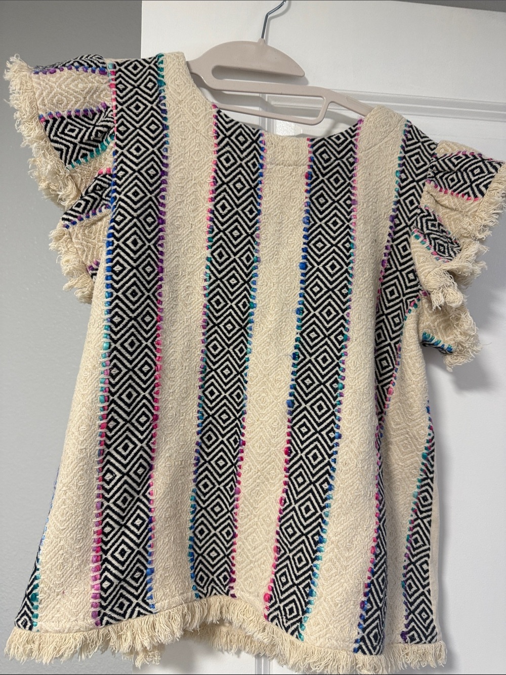 THML Cream Textured Boho Top with Black Geometric Accents